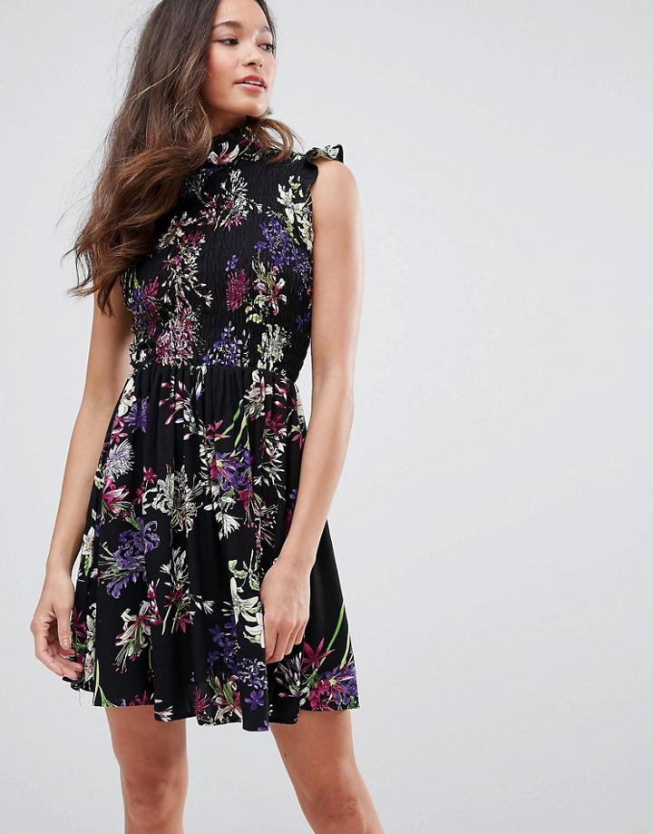 Qed London High Neck Floral Skater Dress - Black