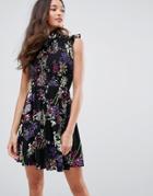 Qed London High Neck Floral Skater Dress - Black