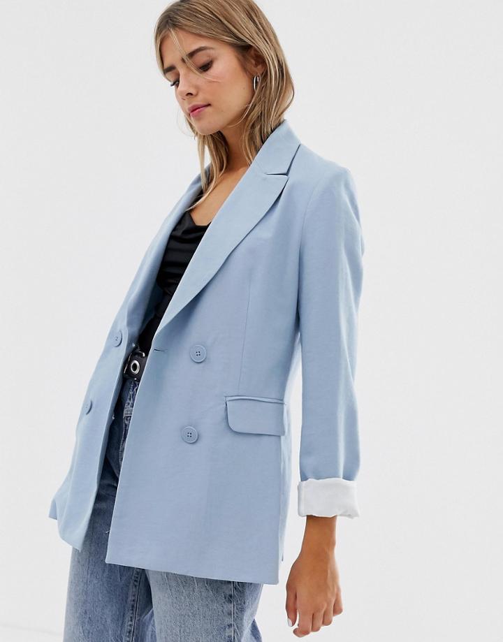 Bershka Longline Double Breasted Blazer In Blue - Blue