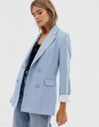 Bershka Longline Double Breasted Blazer In Blue - Blue