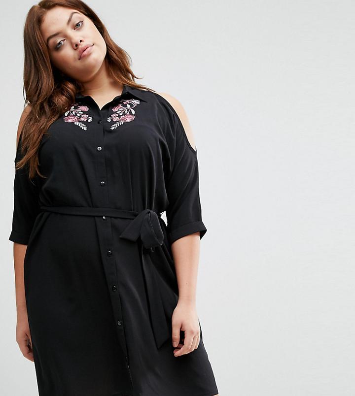 New Look Curve Embrodiered Cold Shoulder Shirt Dress - Black