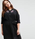 New Look Curve Embrodiered Cold Shoulder Shirt Dress - Black