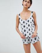 Asos Design Mono Cactus Vest And Short Pyjama Set - Gray