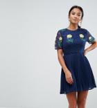 Asos Petite Premium Embroidered Mini Pleat And Lace Dress - Navy