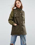 Mango Waxed Parka With Contrast Sleeves - Green