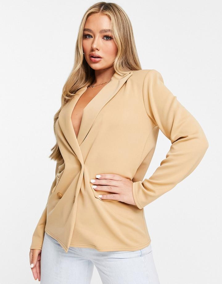 Asos Design Structured Jersey Double Breasted Blazer In Camel-neutral