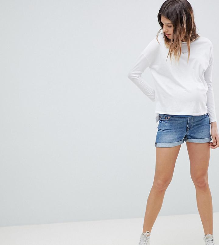 Asos Design Maternity Denim Ritson Mom Short In Vintage Blue - Blue