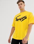 Asos Design Oversized Longline Organic Cotton T-shirt With Chest Print And Roll Sleeve-yellow
