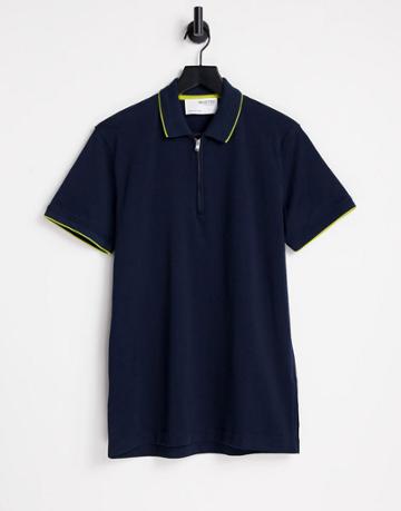 Selected Homme Cotton Blend 1/4 Zip Polo With Tipping In Navy - Navy