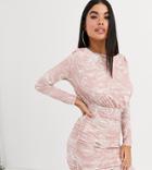 Asos Design Petite Marble Print Long Sleeve Slinky Ruched Mini Dress-black