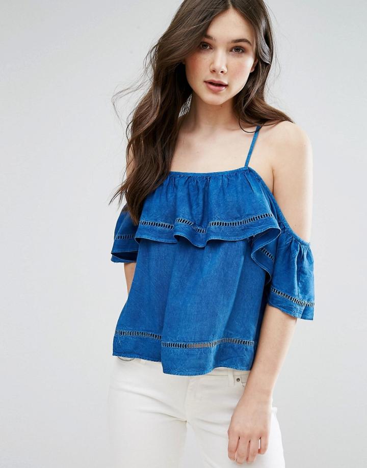 Qed London Frill Denim Crop Top - Blue