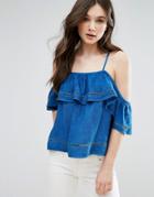 Qed London Frill Denim Crop Top - Blue