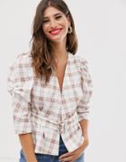 Asos Design Textured Wrap Top With Belt Detail In Check Print-multi
