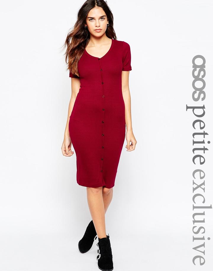 Asos Petite Button Through Bodycon Dress In Rib - Gray
