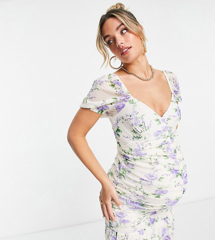 Asos Design Maternity Ruched Front Mini Dress In Lilac Floral Ditsy-multi