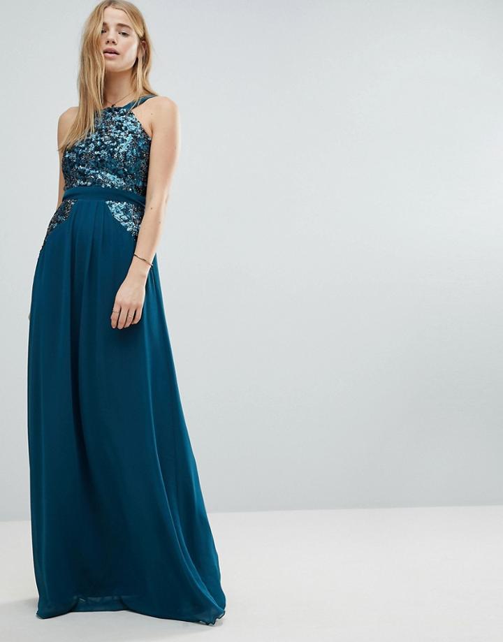 Little Mistress High Neck Sequin Detail Maxi Dress - Green