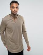 Asos Longline Long Sleeve T-shirt With Notch Neck And Curve Hem - Brow