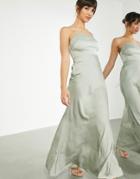 Asos Edition Satin Square Neck Maxi Dress With Tie Back In Sage Green