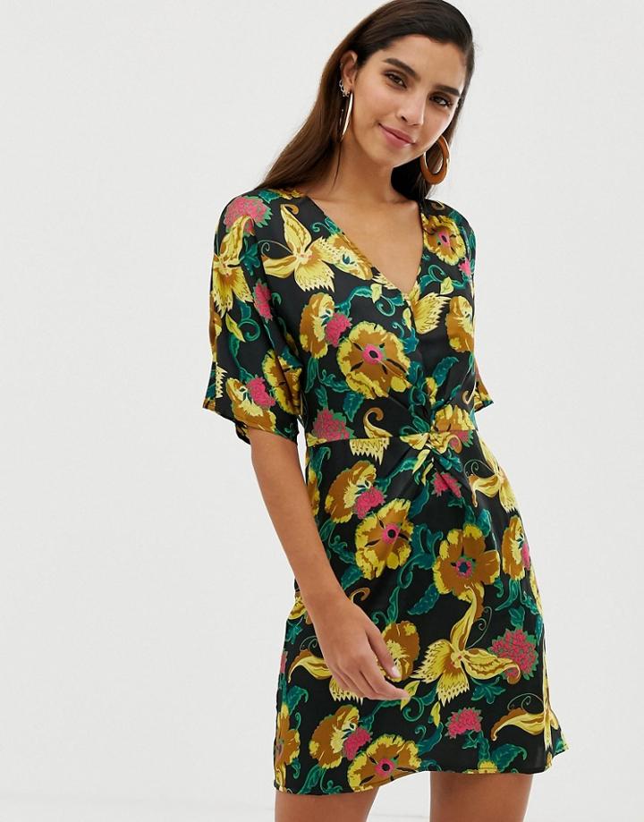 Liquorish Floral Twist Front Mini Dress - Multi