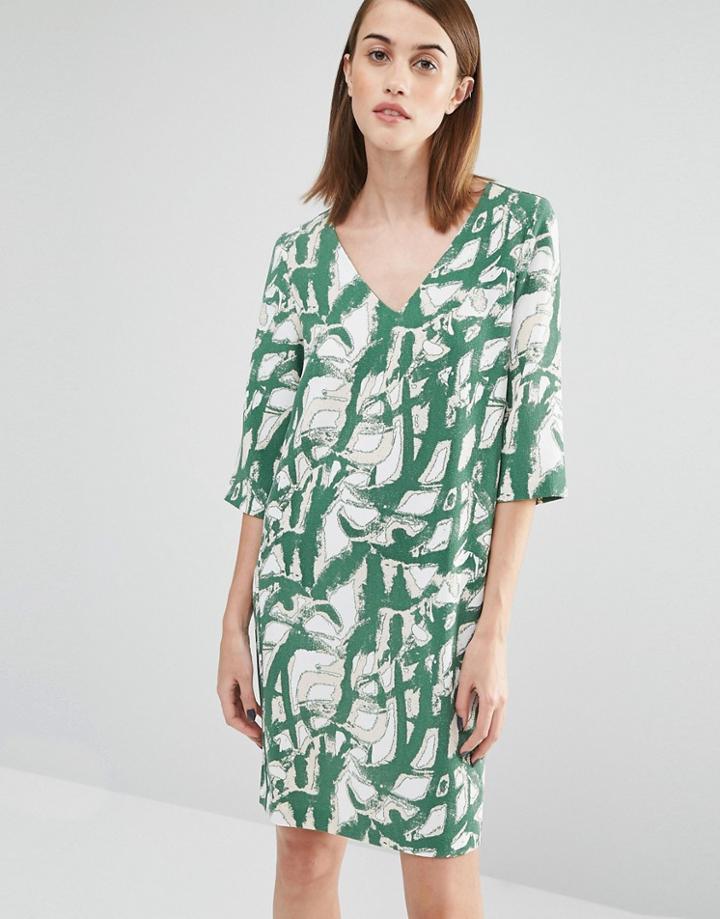 Selected V Neck Printed Shift Dress - Green