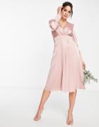 Tfnc Bridesmaid Long Sleeve Satin Wrap Dress In Taupe Blush-green