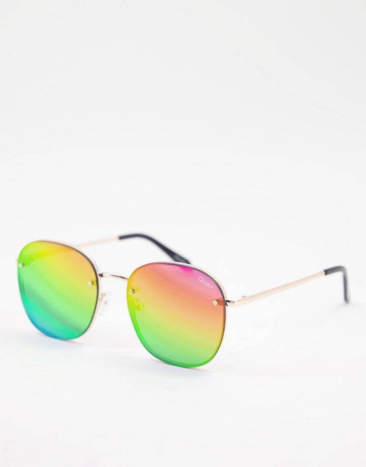 Quay Pride Jezabell Women's Round Sunglasses In Gold With Rainbow Polarized Lens