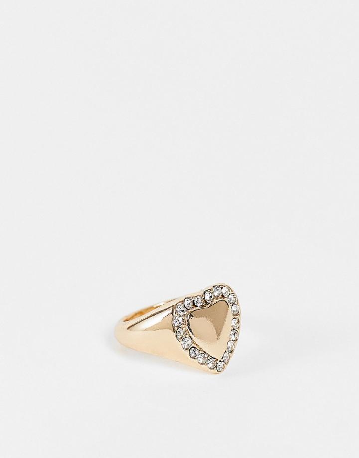 Asos Design Pinky Ring In Heart And Crystal Design In Gold Tone