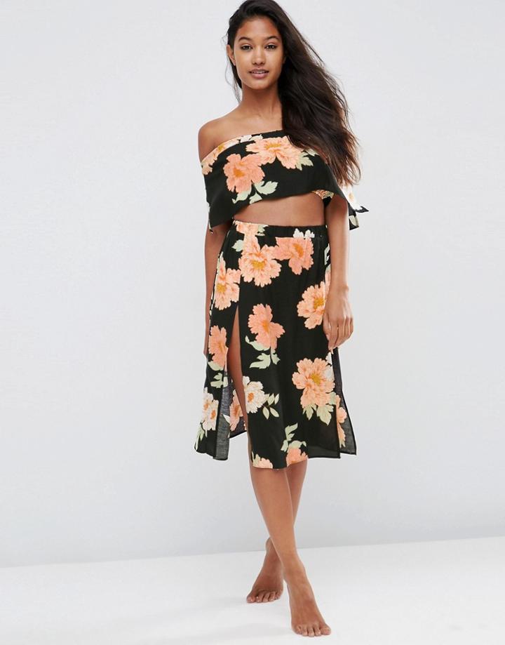 Asos Large Bloom Frill Beach Midi Skirt Co-ord - Blossom Print