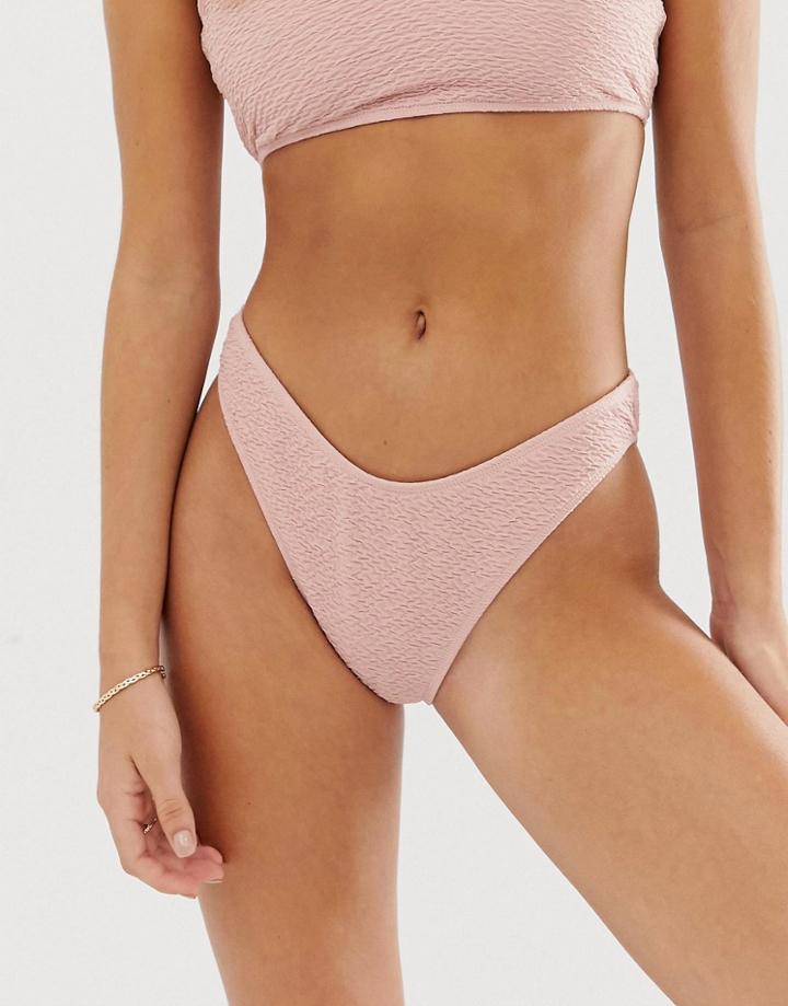Boohoo Exclusive Crinkle High Leg Bikini Bottom In Light Pink - Pink
