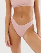 Boohoo Exclusive Crinkle High Leg Bikini Bottom In Light Pink - Pink