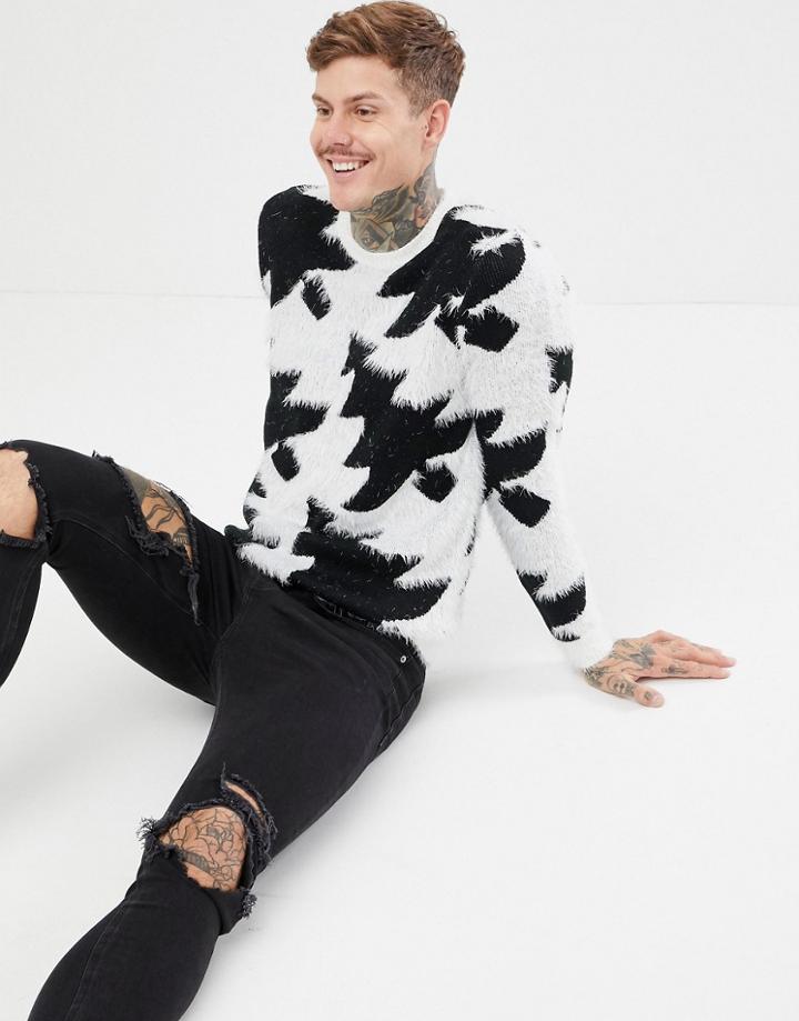 Asos Design Holidays Sweater In Fluffy Yarn In Black & White - Black