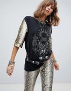 Native Rose Oversized Tunic Top With Sequin Sleeves And Bohemian Graphics - Black
