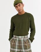 Asos Design Knitted Fisherman Rib Sweater In Khaki-green