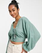 Asos Design Linen Top With Lace Up Front & Volume Sleeves In Khaki-green
