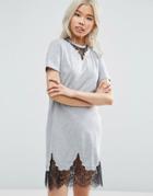 Asos T-shirt Dress With Lace Inserts - Gray