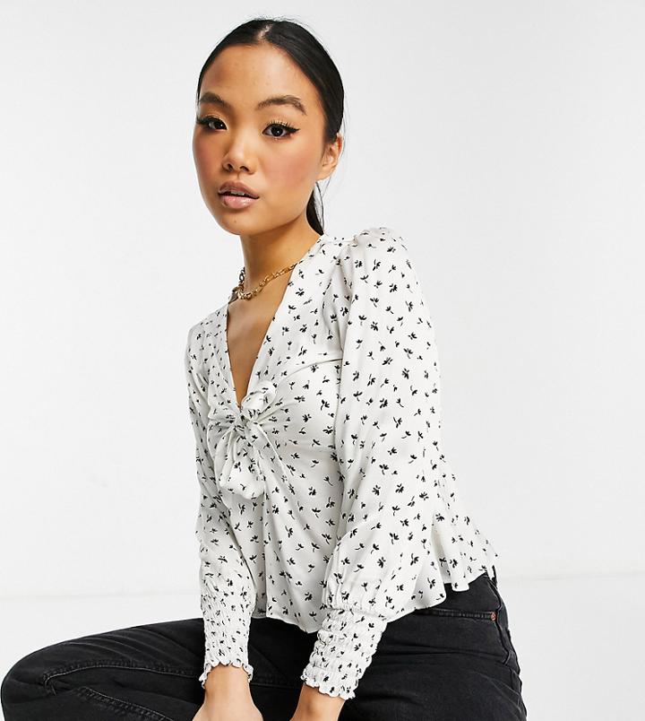 River Island Petite Floral Tie Front Tea Top In Cream-white
