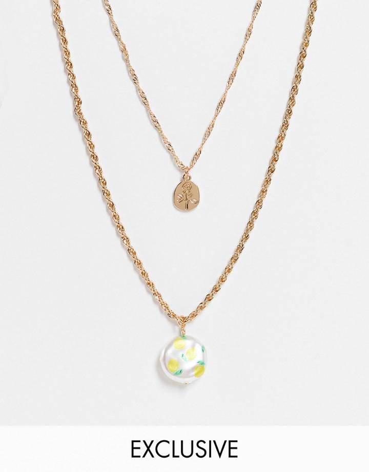 Reclaimed Vintage Inspired Multirow Necklace With Lemon Faux Pearl Charm In Gold