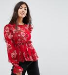 Asos Petite Ruffle Smock Top In Red Floral - Red