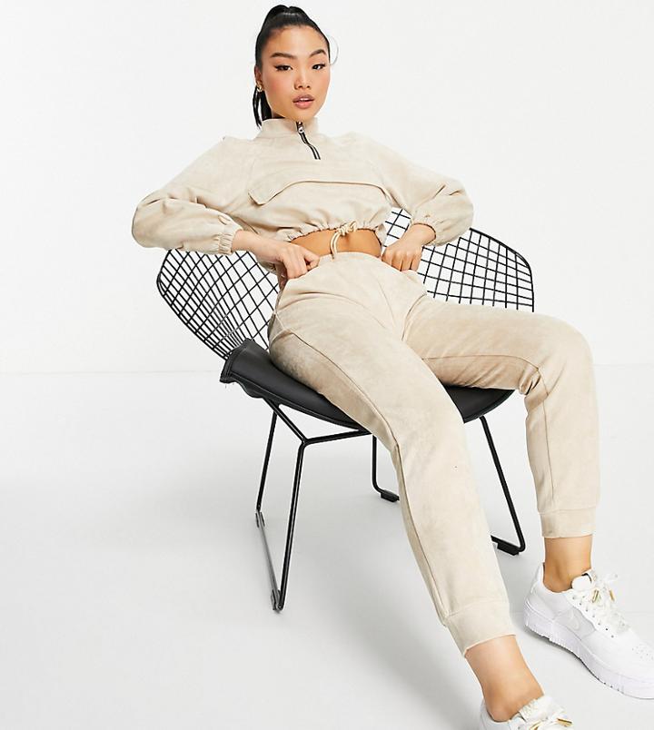 Parisian Petite Suedette Sweatpants Set In Beige-neutral