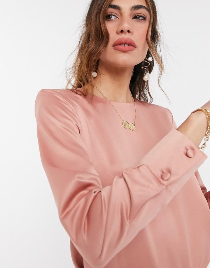 Asos Design Long Sleeve Top With Shoulder Pads In Pink-orange