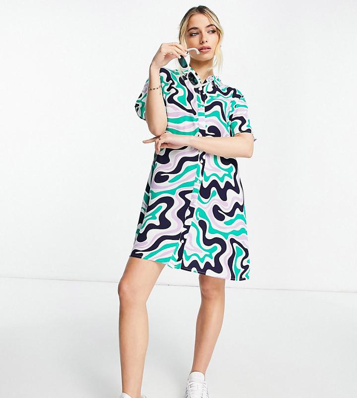 Pieces Exclusive Mini Shirt Dress In Green Wavy Print