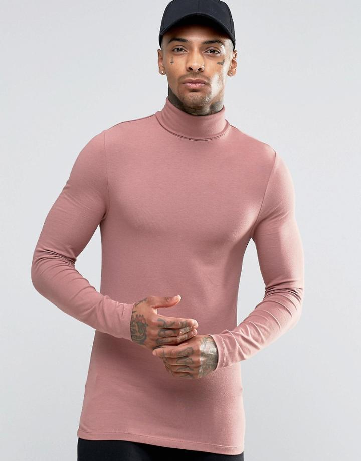 Asos Extreme Muscle Long Sleeve T-shirt With Roll Neck In Pink - Pink