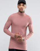 Asos Extreme Muscle Long Sleeve T-shirt With Roll Neck In Pink - Pink