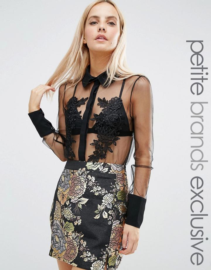 Fashion Union Petite Sheer Contrast Detail Blouse With Applique Floral