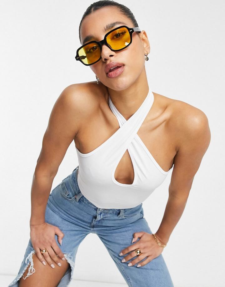 Asos Design Crop Top With Wrap Halter Neck In White