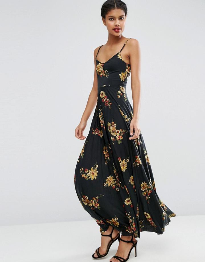 Asos Cami Maxi Dress With Pleated Skirt In Dark Floral Print - Multi