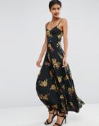 Asos Cami Maxi Dress With Pleated Skirt In Dark Floral Print - Multi