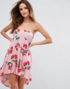 Asos Beach Bandeau Dress With Hi Low Hem In Rose Print - Multi
