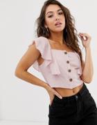 Missguided Square Neck Crop Top With Frill Shoulder In Pink - Pink