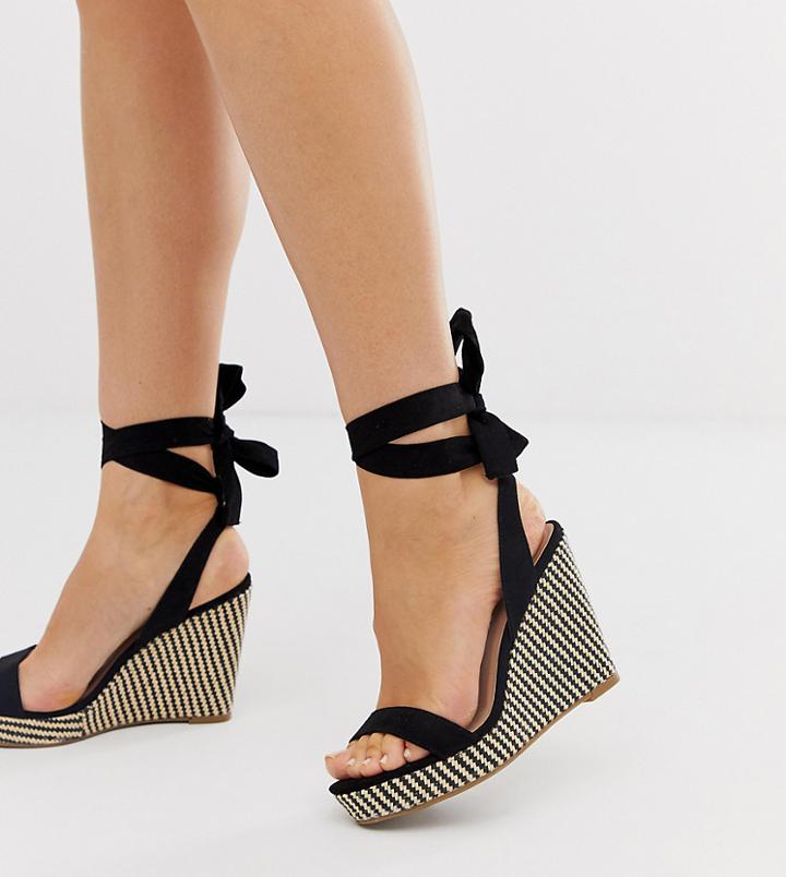 New Look Wide Fit Ankle Tie Espadrille Wedge In Black